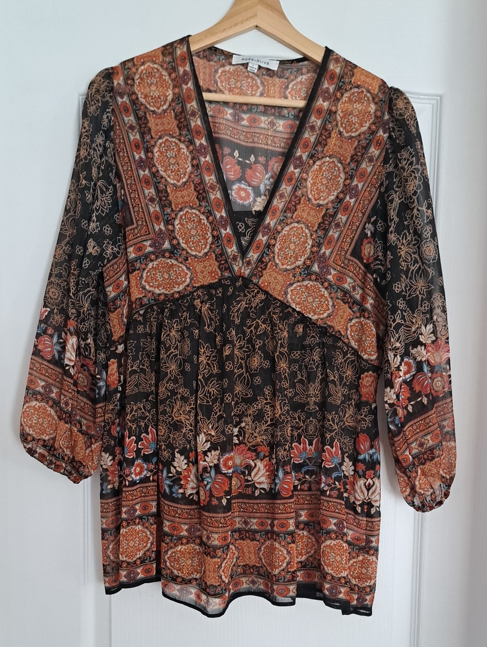 Rose & Olive Floral Paisley Blouse in Rust, Black & Cream